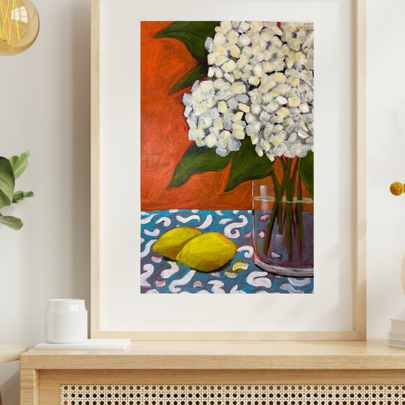 Original Acrylic Hydrangeas Still Life Painting  Farmhouse Wall Decor Retro Art - Picture 3 of 8